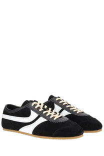 Dries Van Noten women’s black suede sneakers with white stripes and cream laces for stylish casual wear