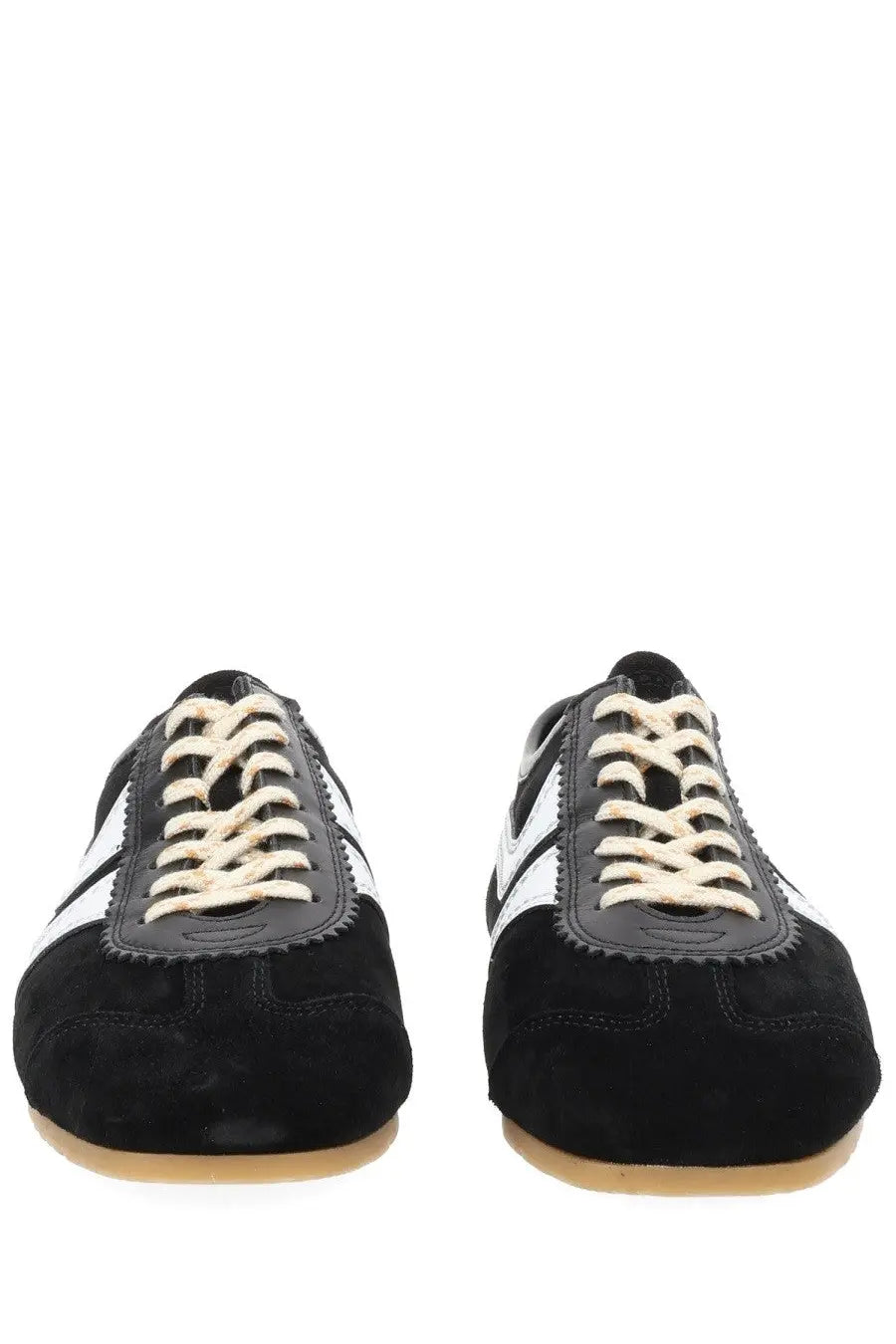 Dries Van Noten women’s suede sneakers in black with white stripes and cream-colored laces