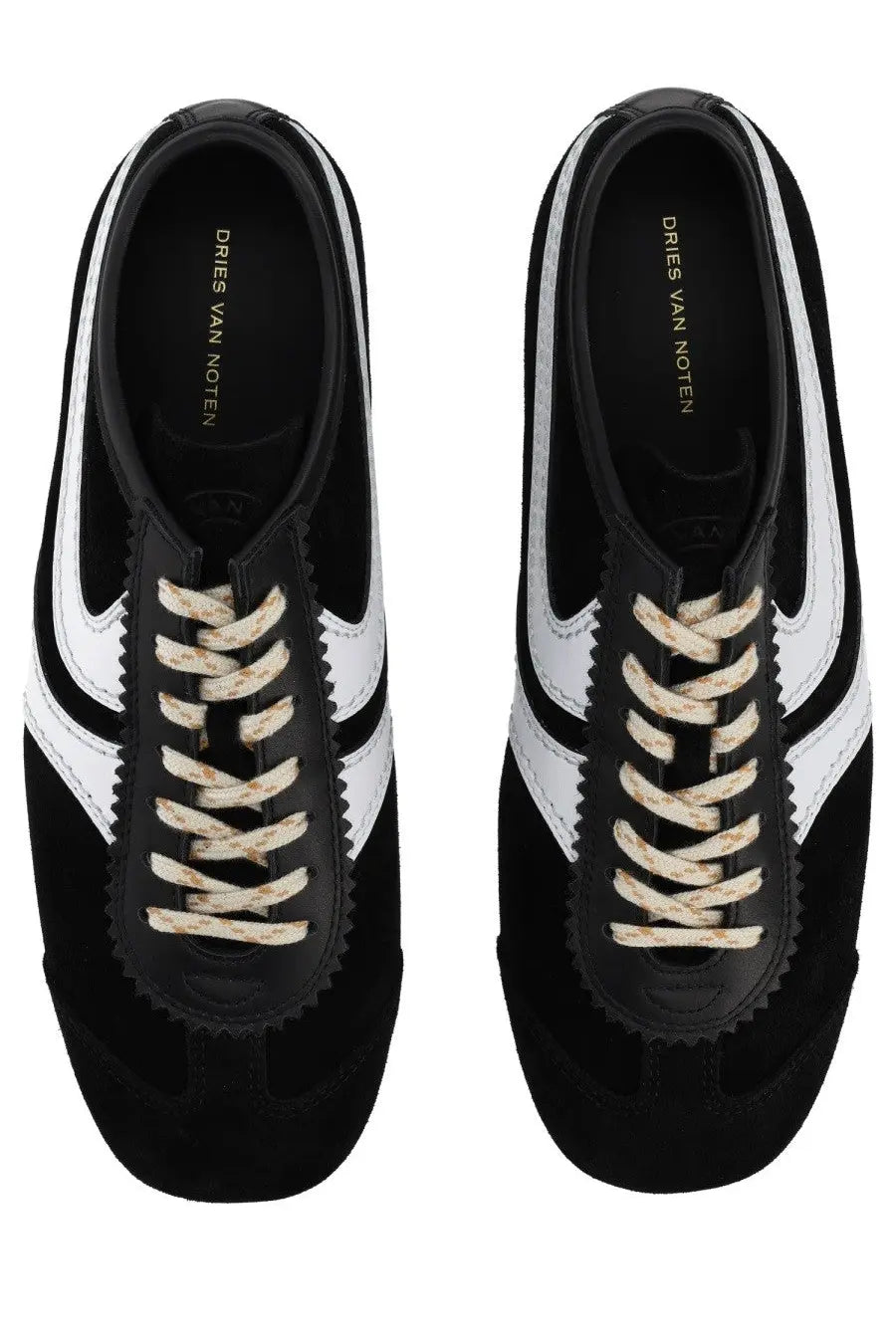 Dries Van Noten women’s suede sneakers black with classic retro design and textured beige laces