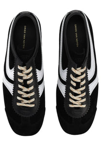 Dries Van Noten women’s suede sneakers black with classic retro design and textured beige laces