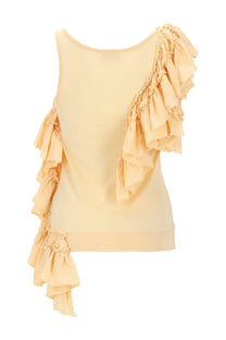 Beige sleeveless dries van noten top with asymmetrical ruffled detailing cascading down one shoulder