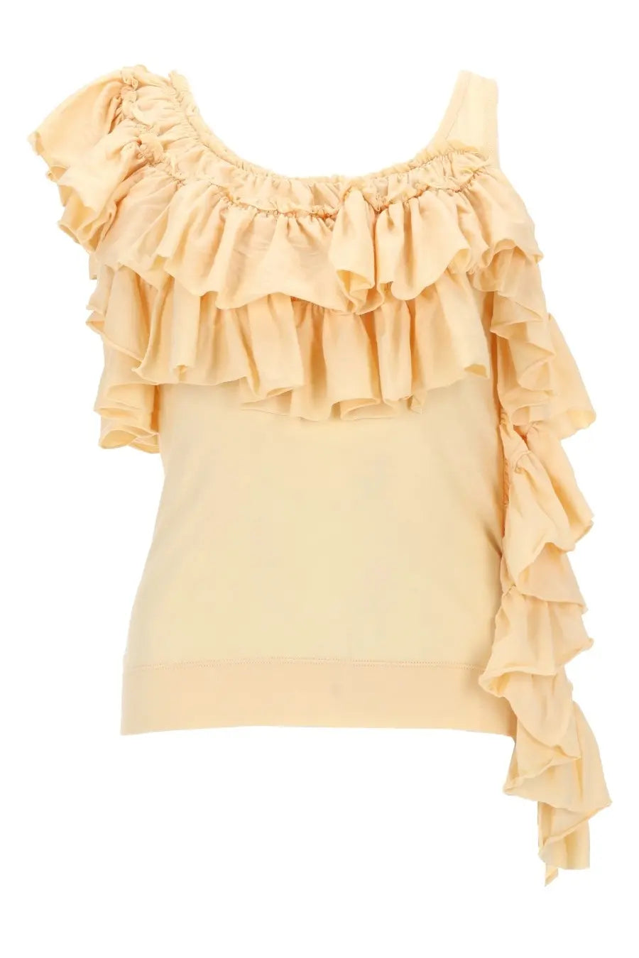 Dries Van Noten women’s off-white one-shoulder top with delicate ruffles and layered flowing fabric design