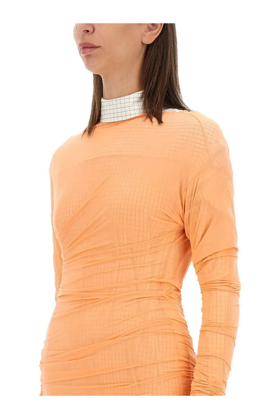 Dries Van Noten women’s fitted orange long-sleeved dress with textured ruched fabric and white grid high neckline