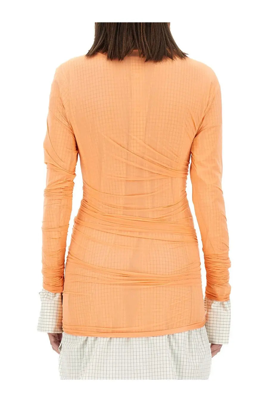 Dries Van Noten women’s fitted long-sleeved orange ribbed top with ruched detailing and checkered cuffs