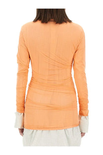 Dries Van Noten women’s fitted long-sleeved orange ribbed top with ruched detailing and checkered cuffs