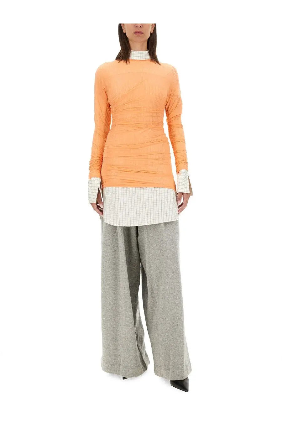 Dries Van Noten women’s orange long-sleeved tulle top with ruched texture and white checkered cuffs and collar