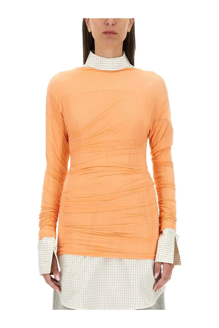 Dries Van Noten women’s orange ribbed long-sleeve tulle top with high collar and checkered cuffs