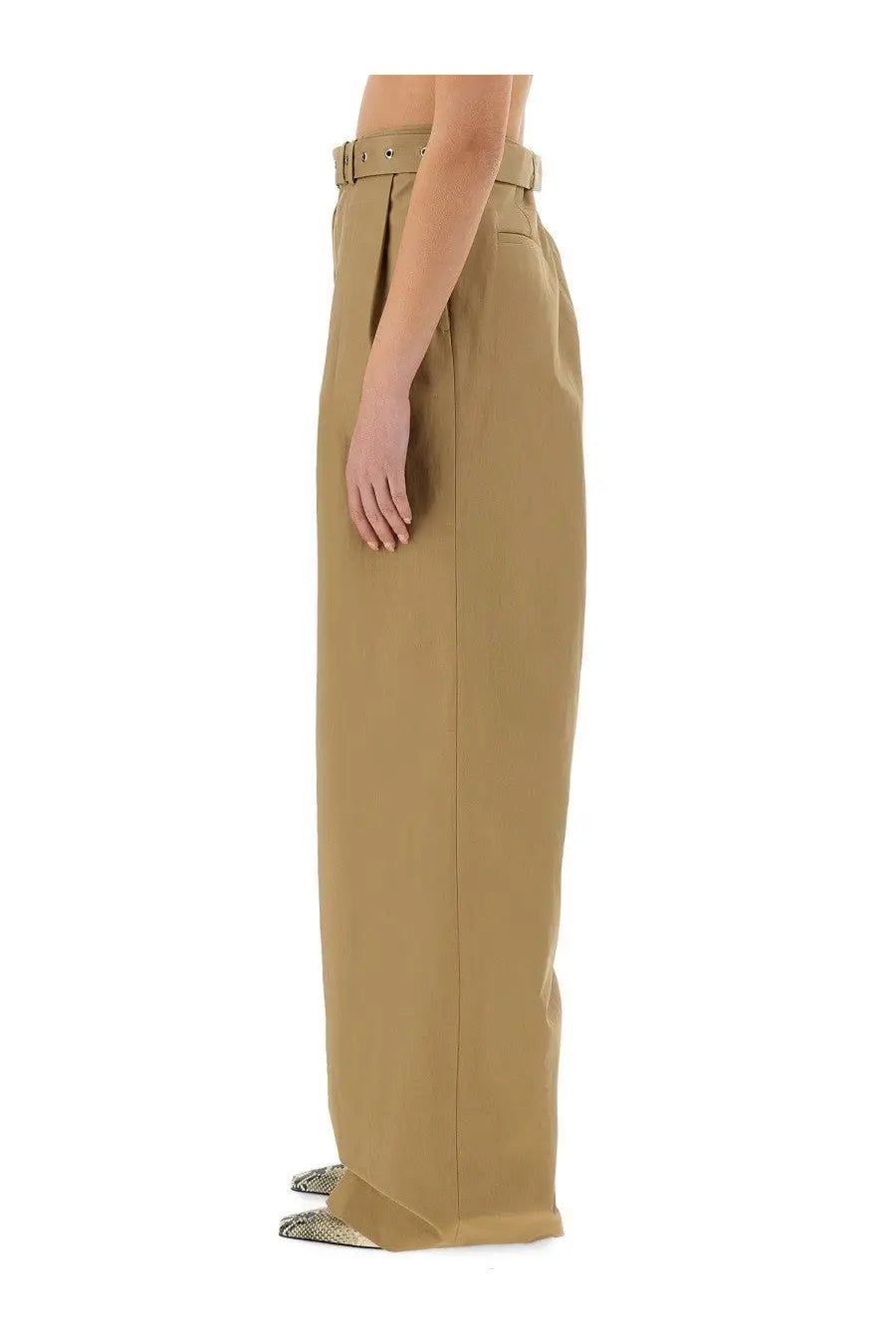 Khaki dries van noten women’s wide leg pants with high waist belt and subtle pleats in beige fabric