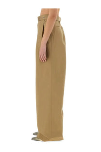 Khaki dries van noten women’s wide leg pants with high waist belt and subtle pleats in beige fabric