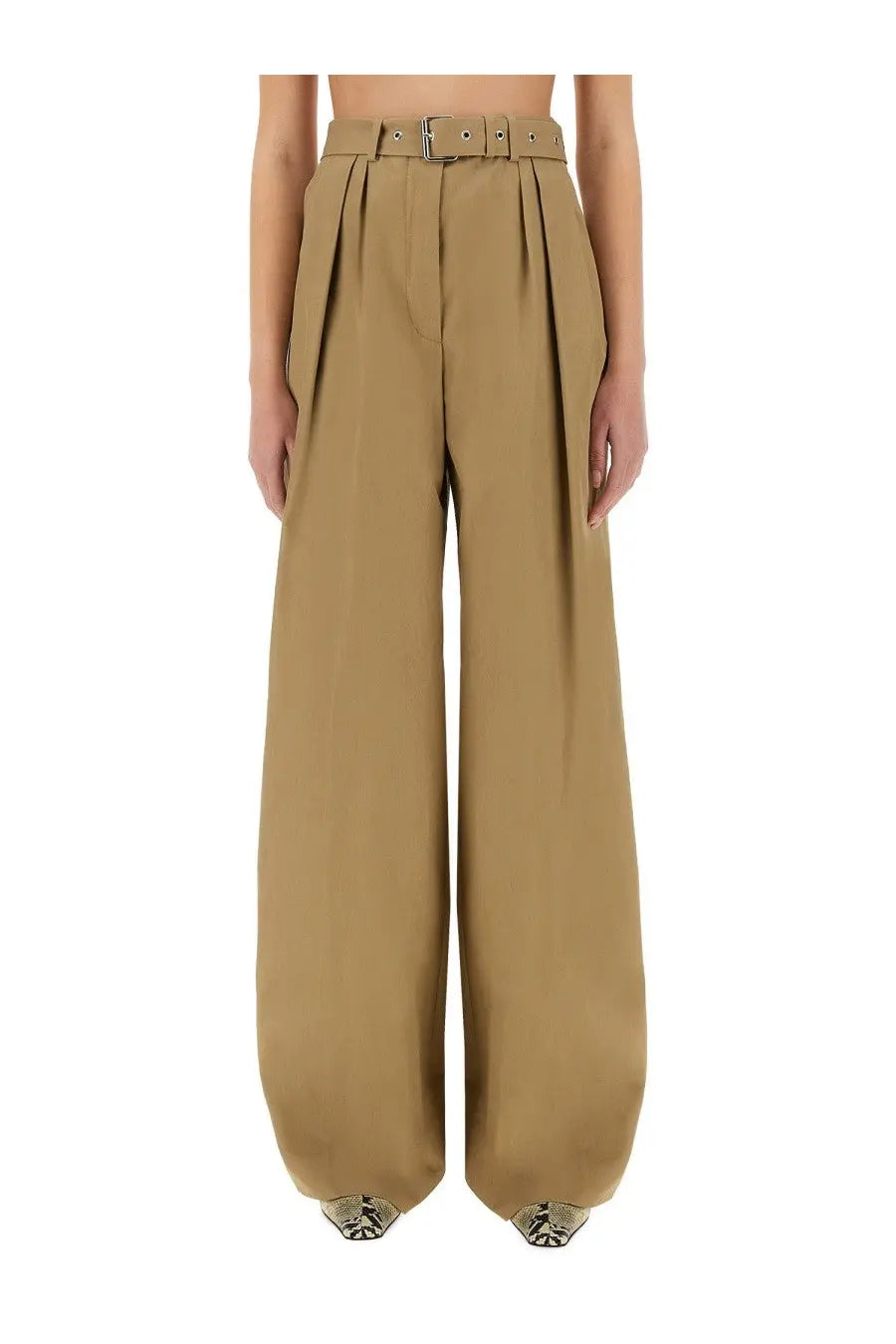 Tan high-waisted wide-leg trousers with matching belt and silver hardware from Dries Van Noten women’s collection