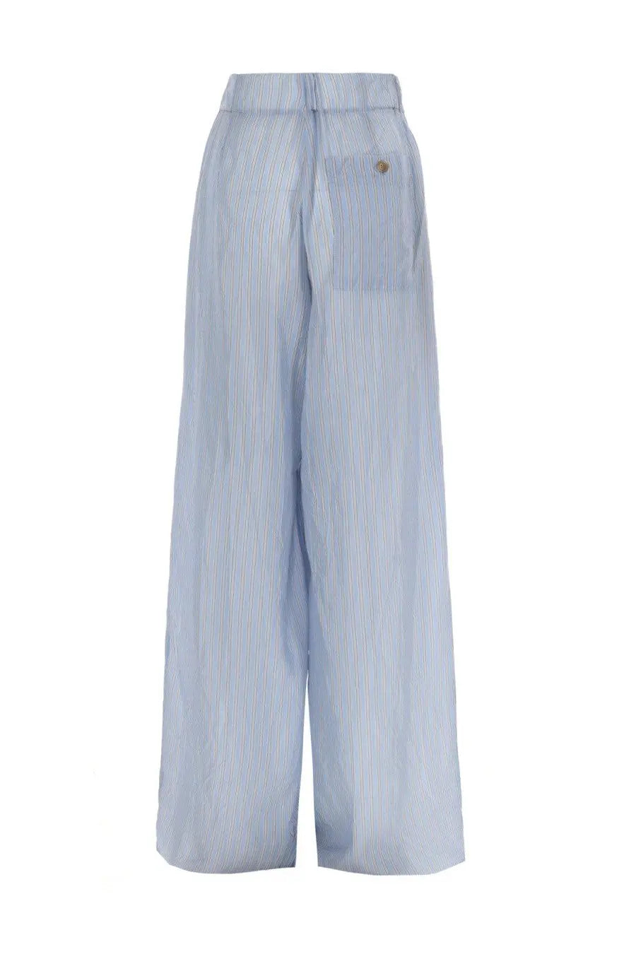 Back view of dries van noten women’s light blue and white striped high waist wide leg pants with small back pocket