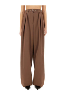 Dries Van Noten women’s brown high-waisted wide-leg pants with structured pleated front and silver buckle belt