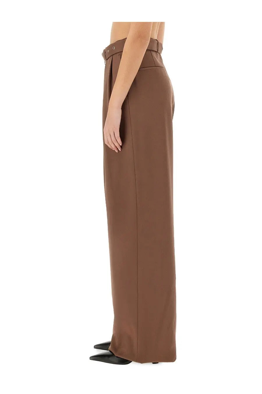 Brown high-waisted wide-leg trousers by Dries Van Noten with tailored fit and subtle pleats at the waistband