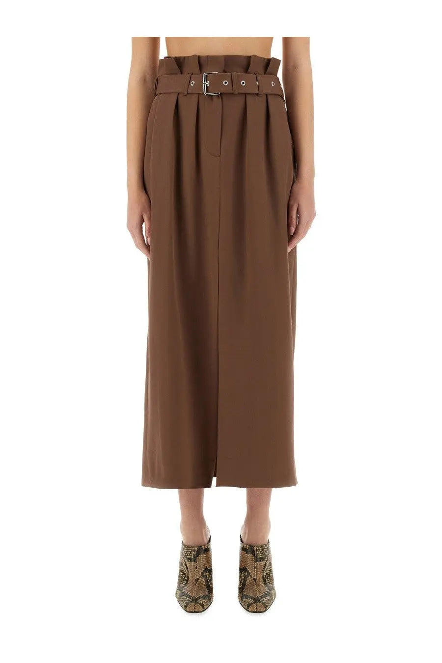 Dries Van Noten women’s brown wool high-waisted wide-leg skirt with matching belt and silver buckle