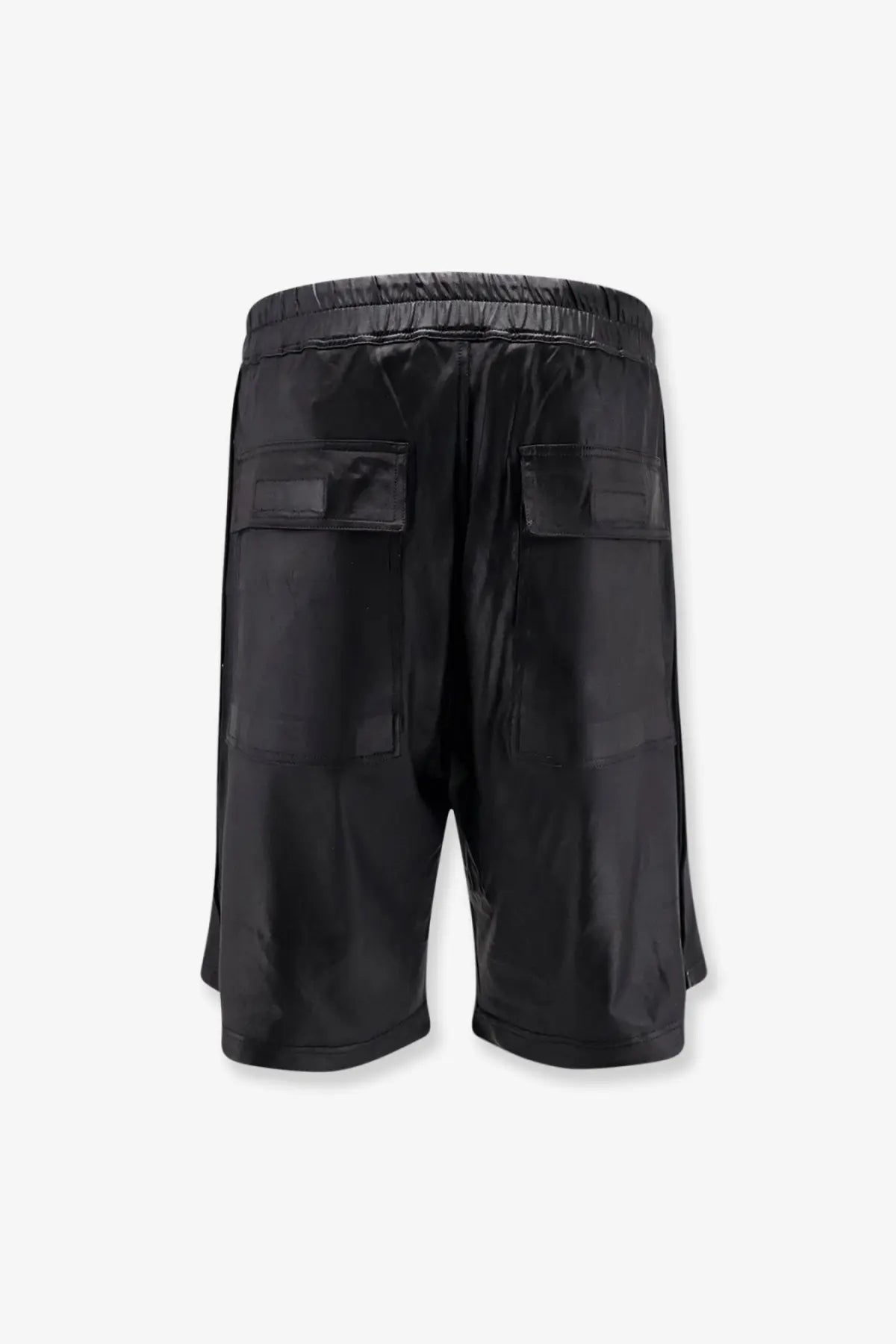 Drkshdw men’s acetate bermuda black shorts with glossy nylon fabric elastic waistband and two large patch pockets