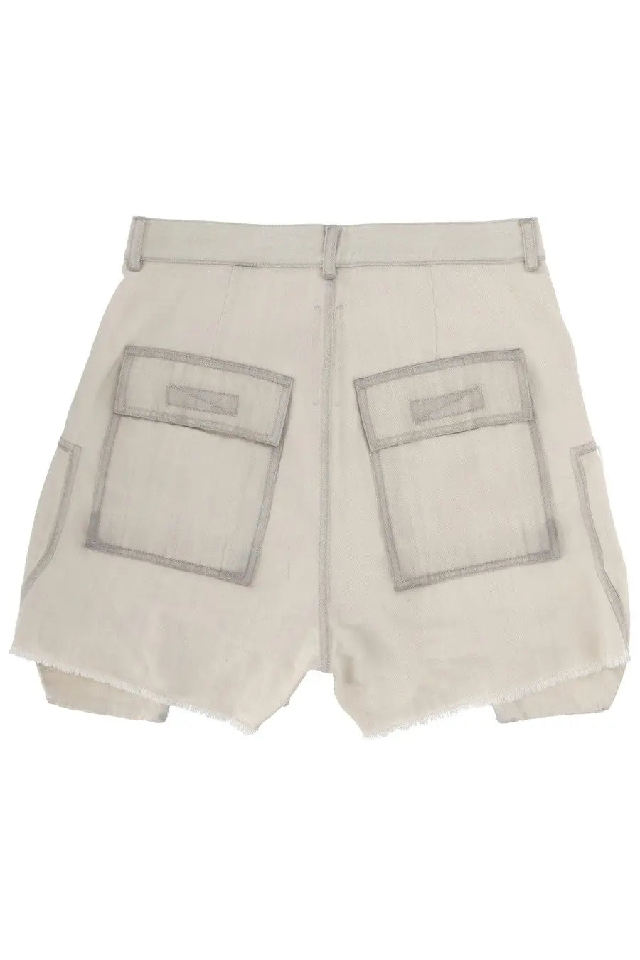 Beige drkshdw men’s bauhaus shorts white with cargo pockets frayed hems and gray contrast stitching