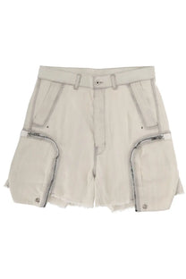 Beige drkshdw men’s bauhaus cargo shorts with zippered side pockets and frayed hem in white fabric