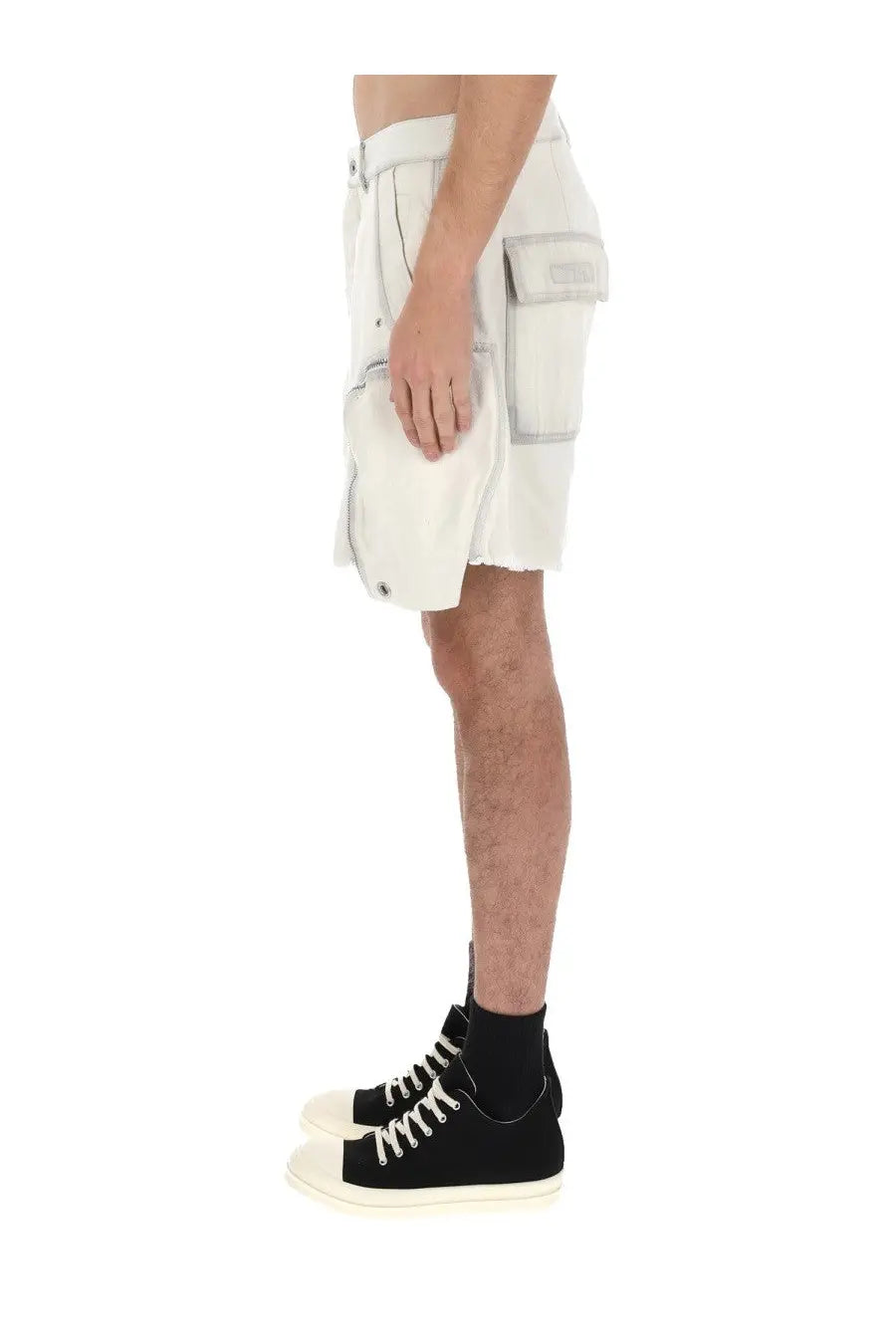 White cargo shorts by drkshdw with multiple pockets and frayed hem for men in classic bauhaus style