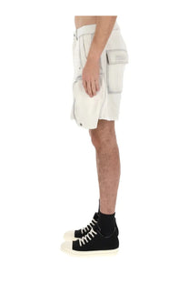 White cargo shorts by drkshdw with multiple pockets and frayed hem for men in classic bauhaus style