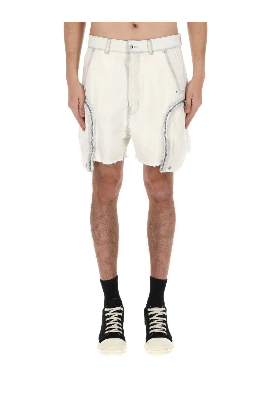 Drkshdw men’s bauhaus white denim shorts with frayed hems and contrasting dark stitching on side pockets