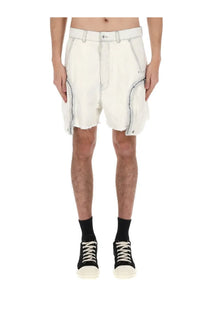 Drkshdw men’s bauhaus white denim shorts with frayed hems and contrasting dark stitching on side pockets