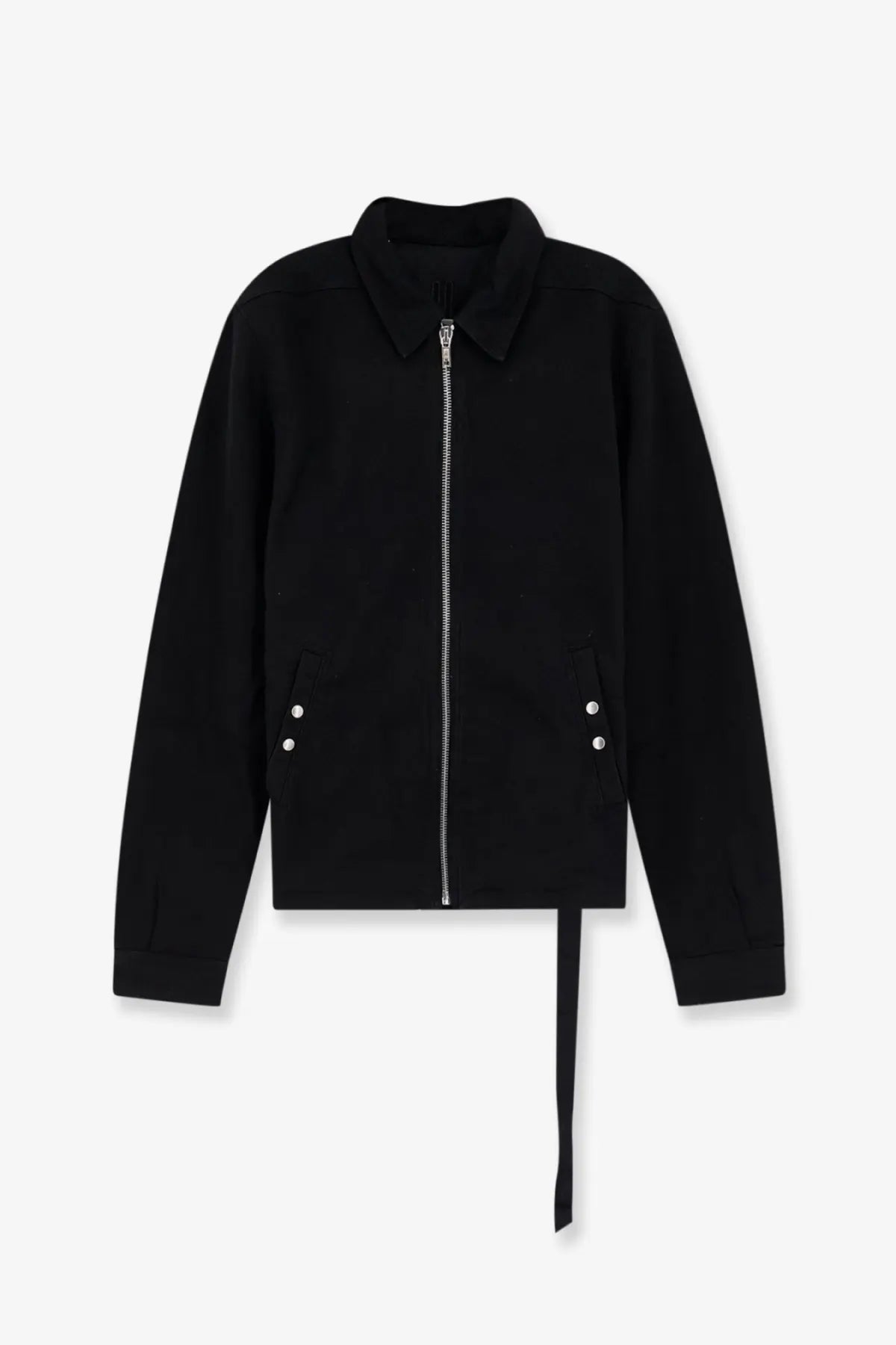 Drkshdw men’s black denim jacket with front zipper closure collar and silver-toned button pockets