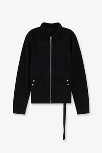 Drkshdw men’s black denim jacket with zip-up front, collar, and silver-toned button pockets