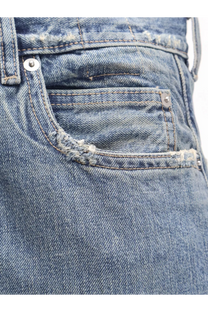Distressed blue denim jeans pocket with frayed edges and silver rivets on drkshdw mens blue jeans back side