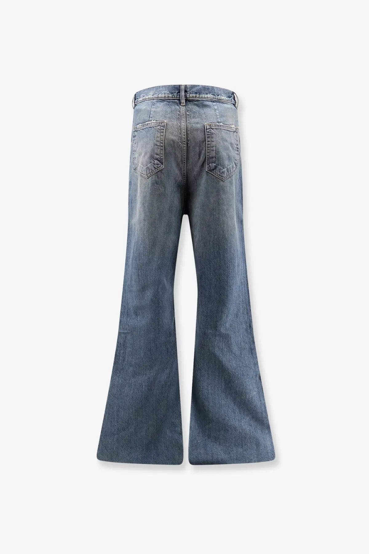Blue denim flare jeans with faded wash and classic back pockets shown from the back by drkshdw men