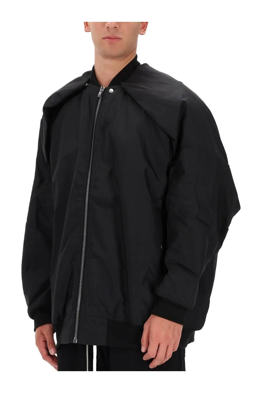 Drkshdw men’s bomber jacket in black with oversized asymmetrical hood and silver zipper for stylish outerwear