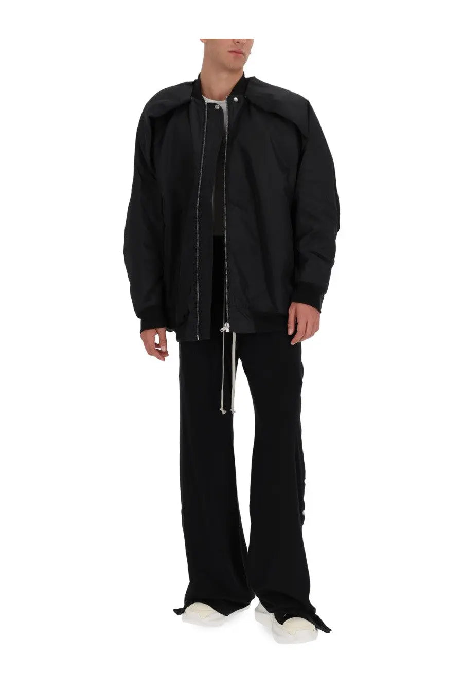 Drkshdw men’s black bomber jacket with sleek modern design and subtle silver zipper accents in convertible jumbo flight style