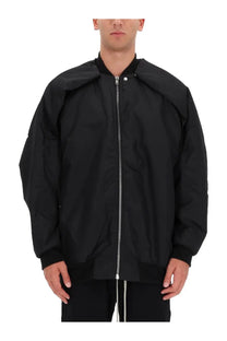 Drkshdw men’s bomber jacket in black featuring an asymmetrical design and silver zipper detail