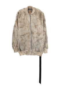 Drkshdw men’s bomber jumbo flight beige jacket with distressed crinkled texture and black strap detail at hem