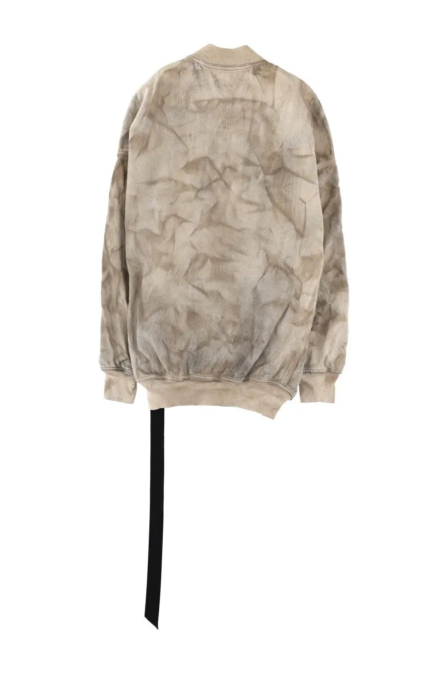 Beige tie-dye bomber jacket with black belt hanging from hem from DRKSHDW men’s bomber jumbo flight beige collection