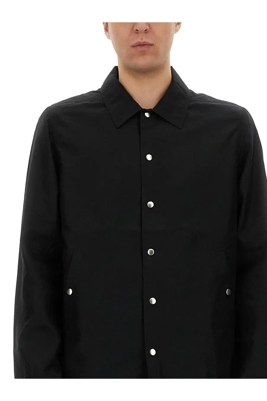 Drkshdw men’s black buttoned jacket featuring silver buttons and a classic collar in a button-up shirt style