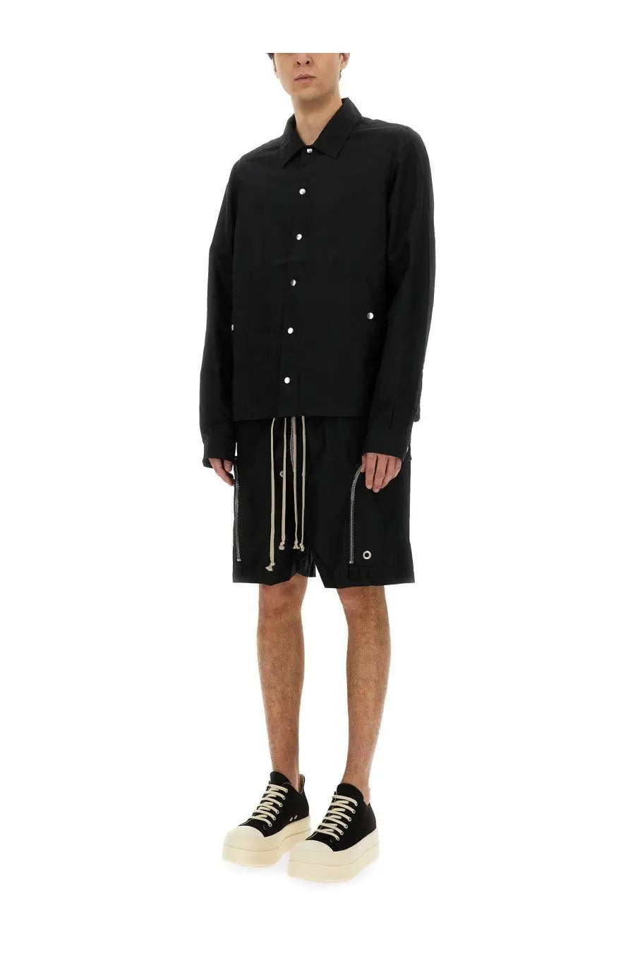Drkshdw men’s black buttoned jacket with white buttons long sleeves and side pockets in cotton blend fabric