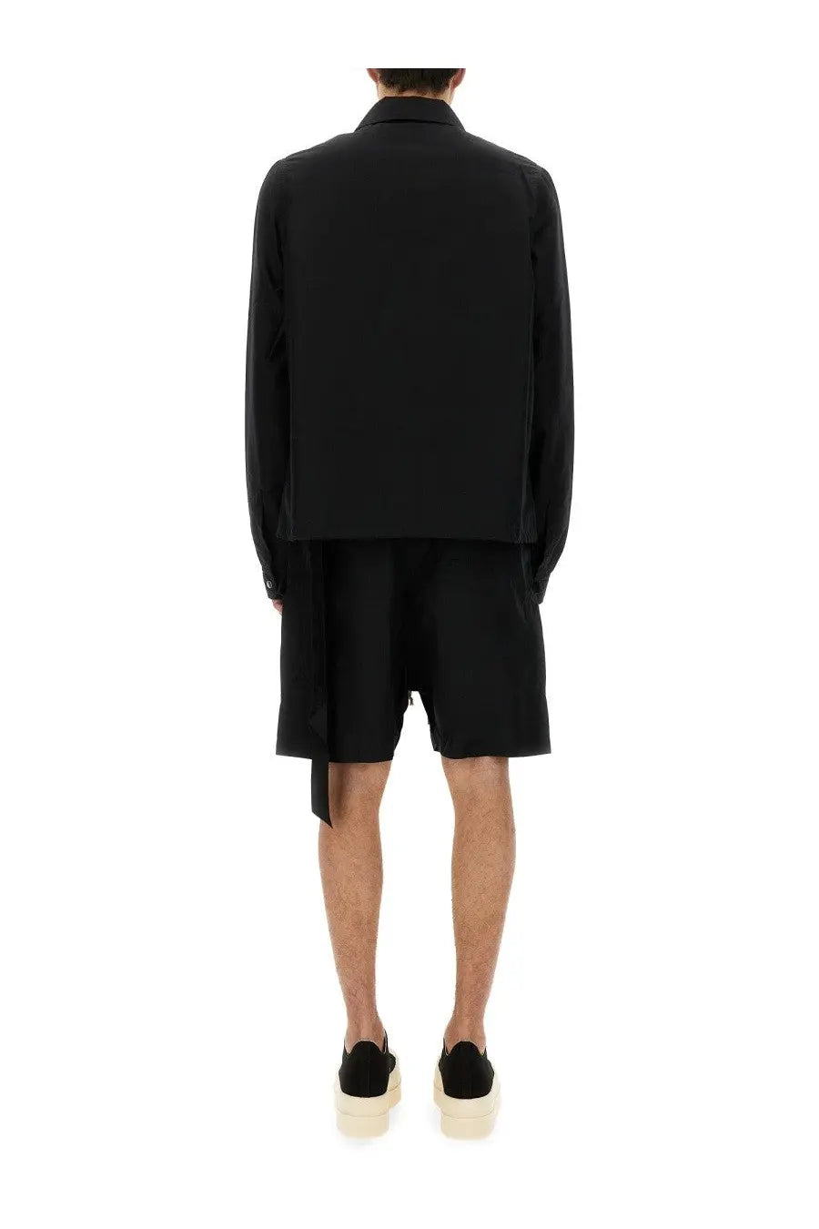 DRKSHDW men’s black minimalist buttoned jacket with asymmetrical hem and long sleeves for stylish outerwear