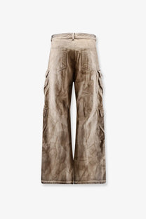 Beige drkshdw men’s cargo denim jeans with distressed crinkled texture and multiple side pockets in grey