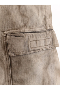 Beige DRKSHDW men’s cargo denim jeans feature sturdy textured fabric with reinforced stitching and flap pocket design