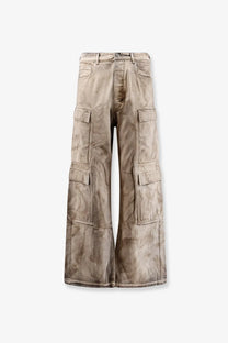 Beige drkshdw men’s cargo denim jeans with relaxed wide-leg cut and multiple flap pockets in grey material
