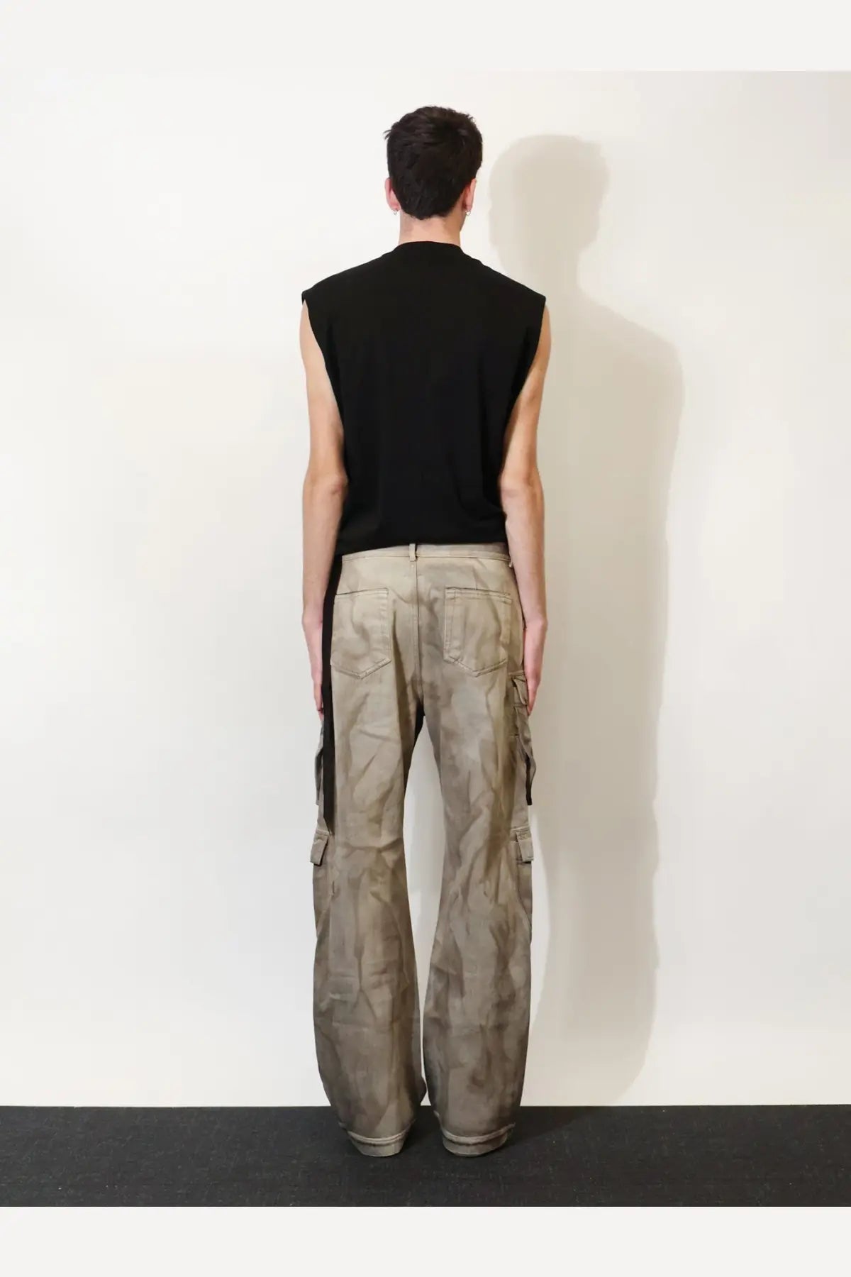 DRKSHDW men’s cargo denim jeans grey feature beige cargo pants with subtle camouflage and multiple side pockets