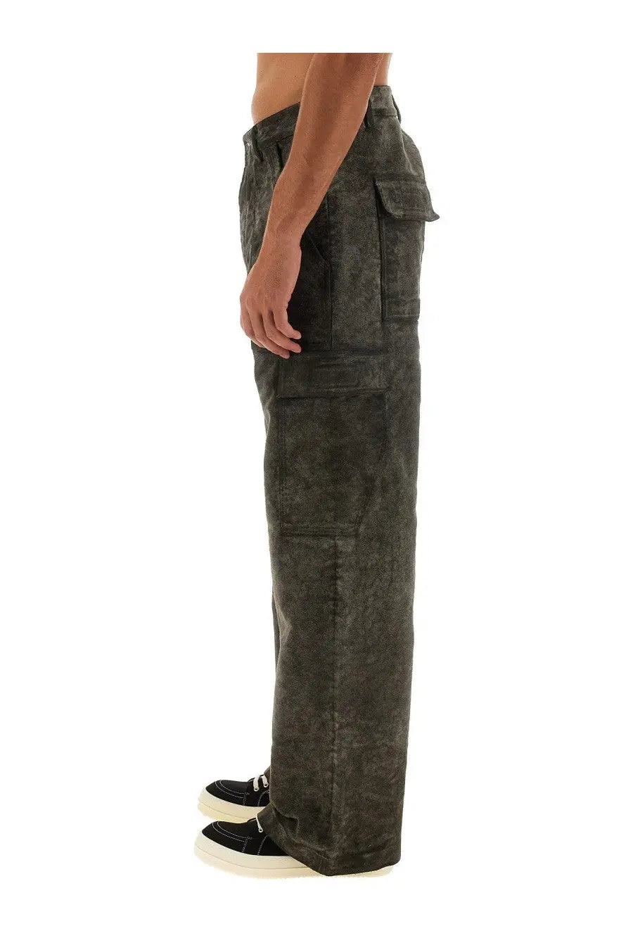 Drkshdw men’s cargo pants in beige with dark green camouflage pattern multiple pockets and relaxed fit