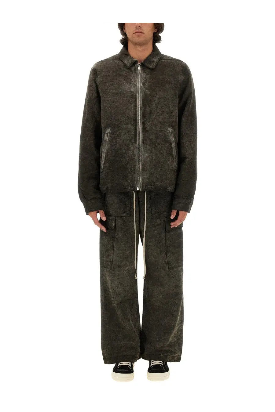 Dark olive green distressed suede bomber jacket with marbled texture and silver zipper accents for men by drkshdw