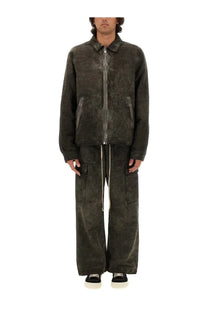 Dark olive green distressed suede bomber jacket with marbled texture and silver zipper accents for men by drkshdw