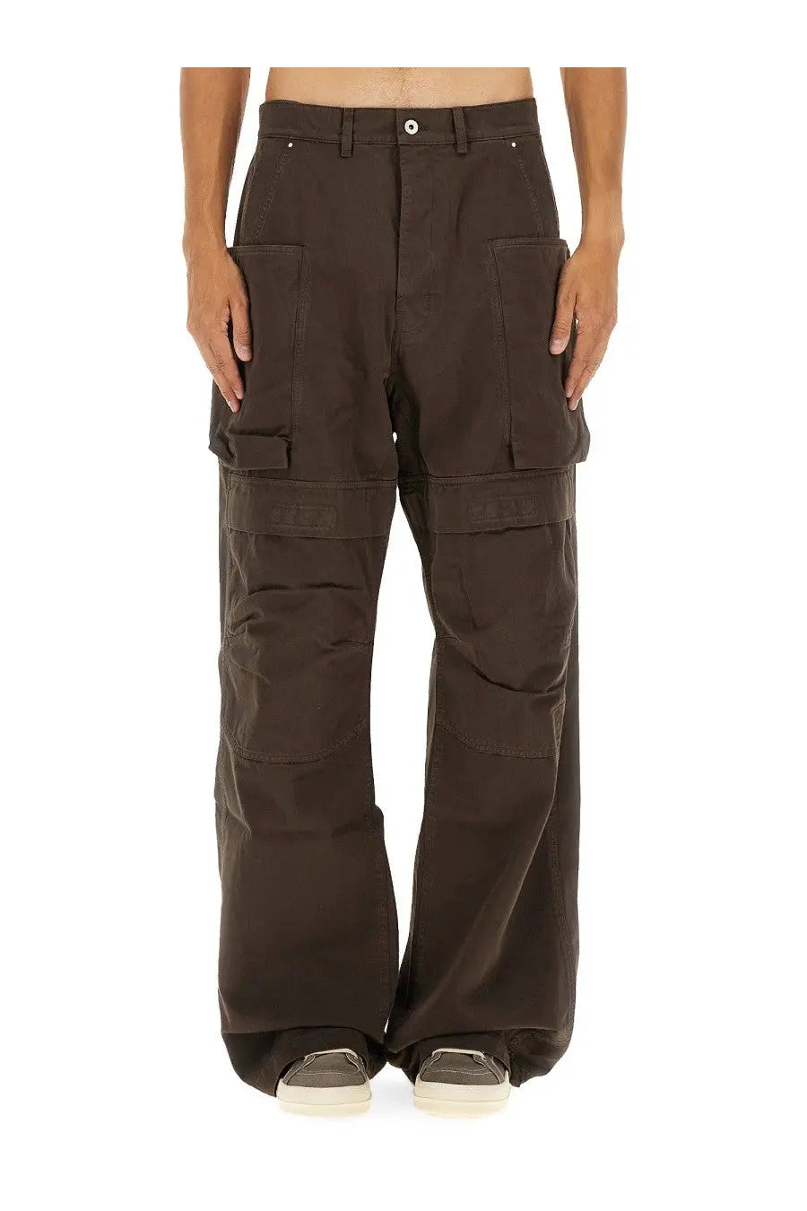Dark brown drkshdw men’s cargo stefan pants with multiple large pockets and a relaxed wide-leg cut