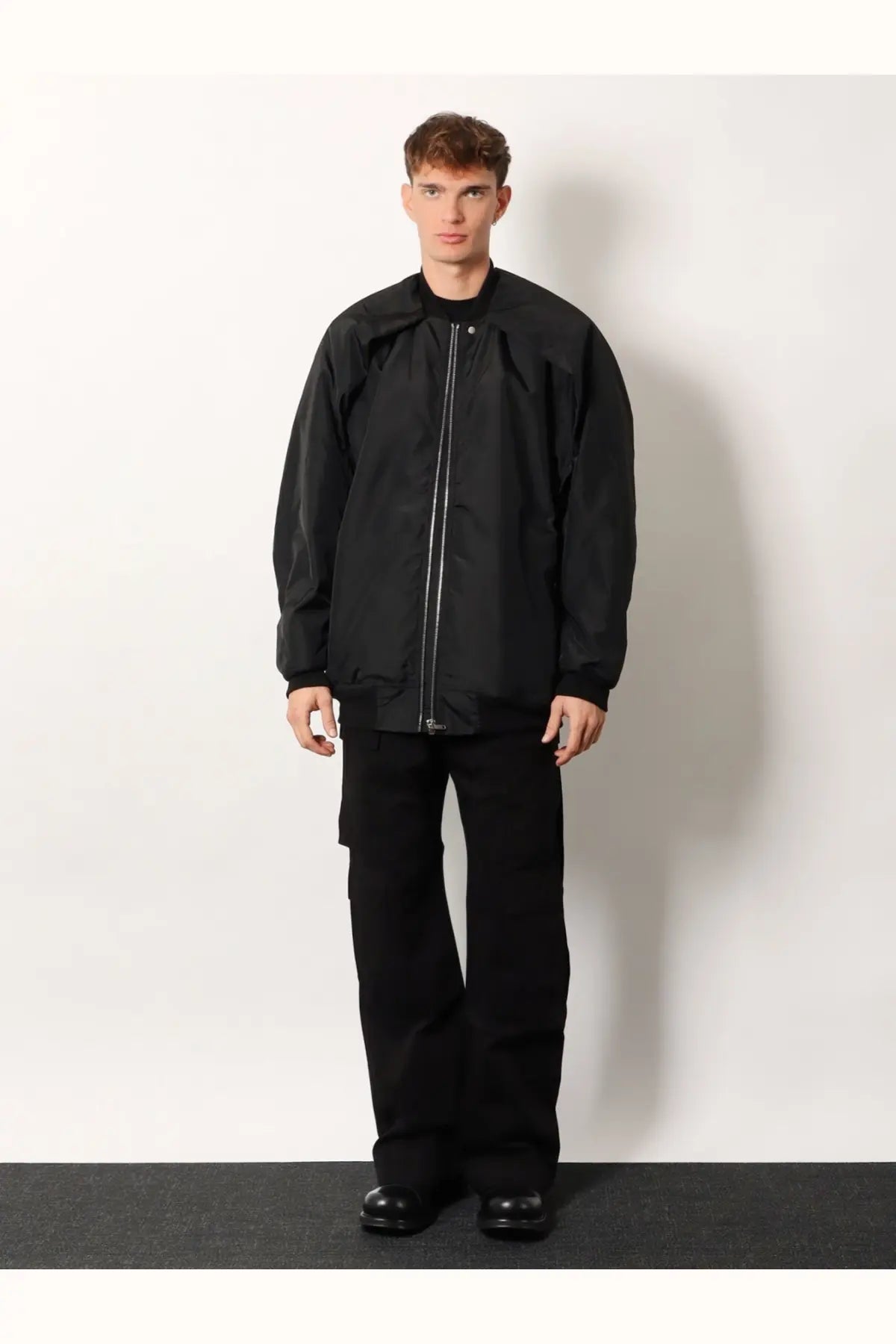 Drkshdw men’s black bomber jacket with silver zipper subtle branding made from recycled nylon