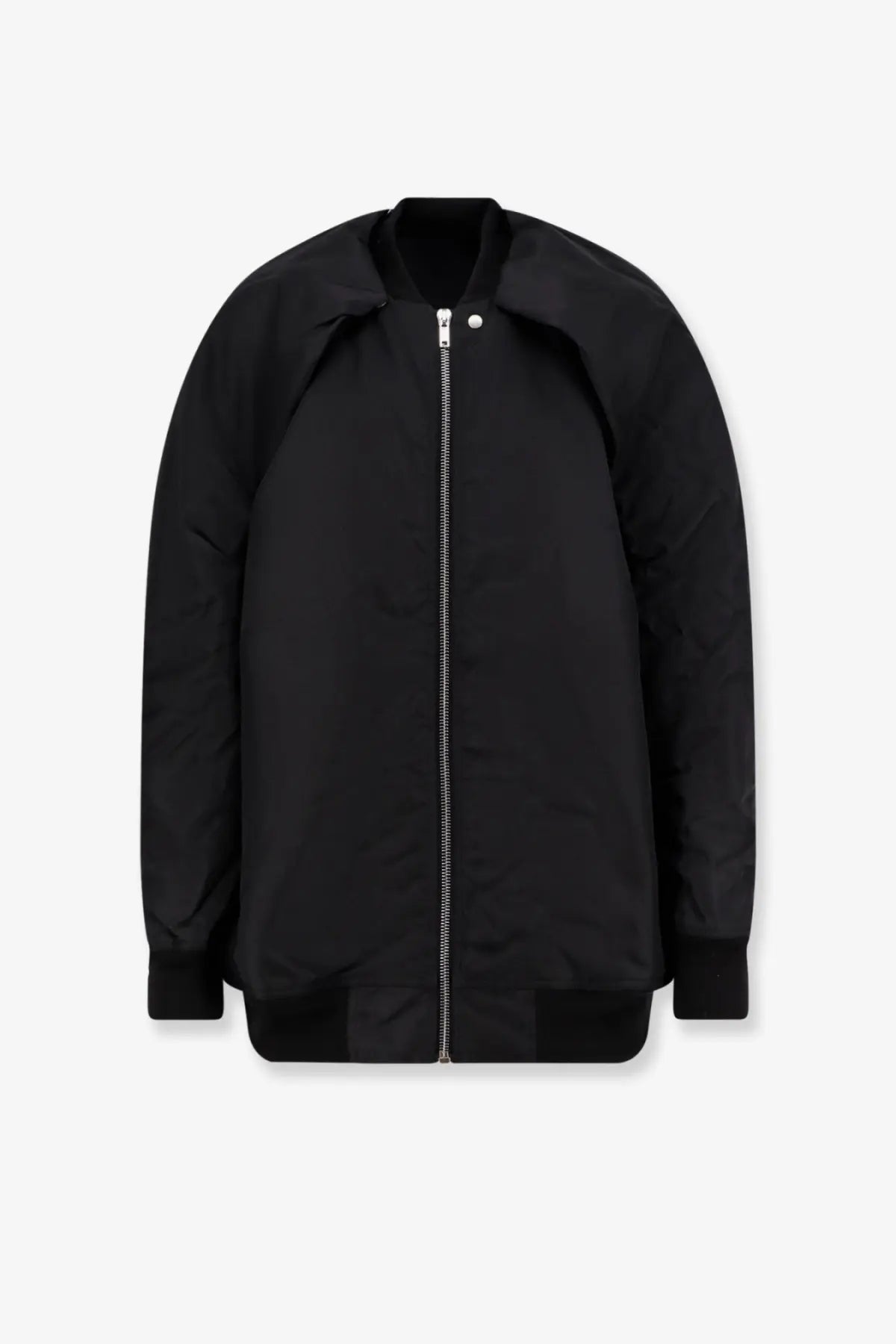 Black bomber jacket with sleek minimalist design and silver zipper made from recycled nylon by drkshdw for men
