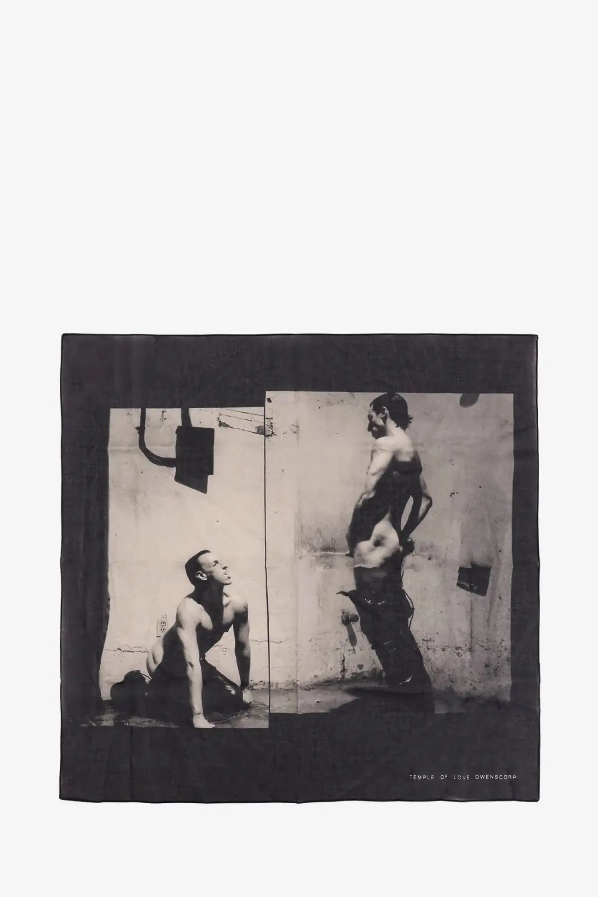 Drkshdw men’s cotton foulard black silk scarf with black and white photographic print of two muscular men in urban setting