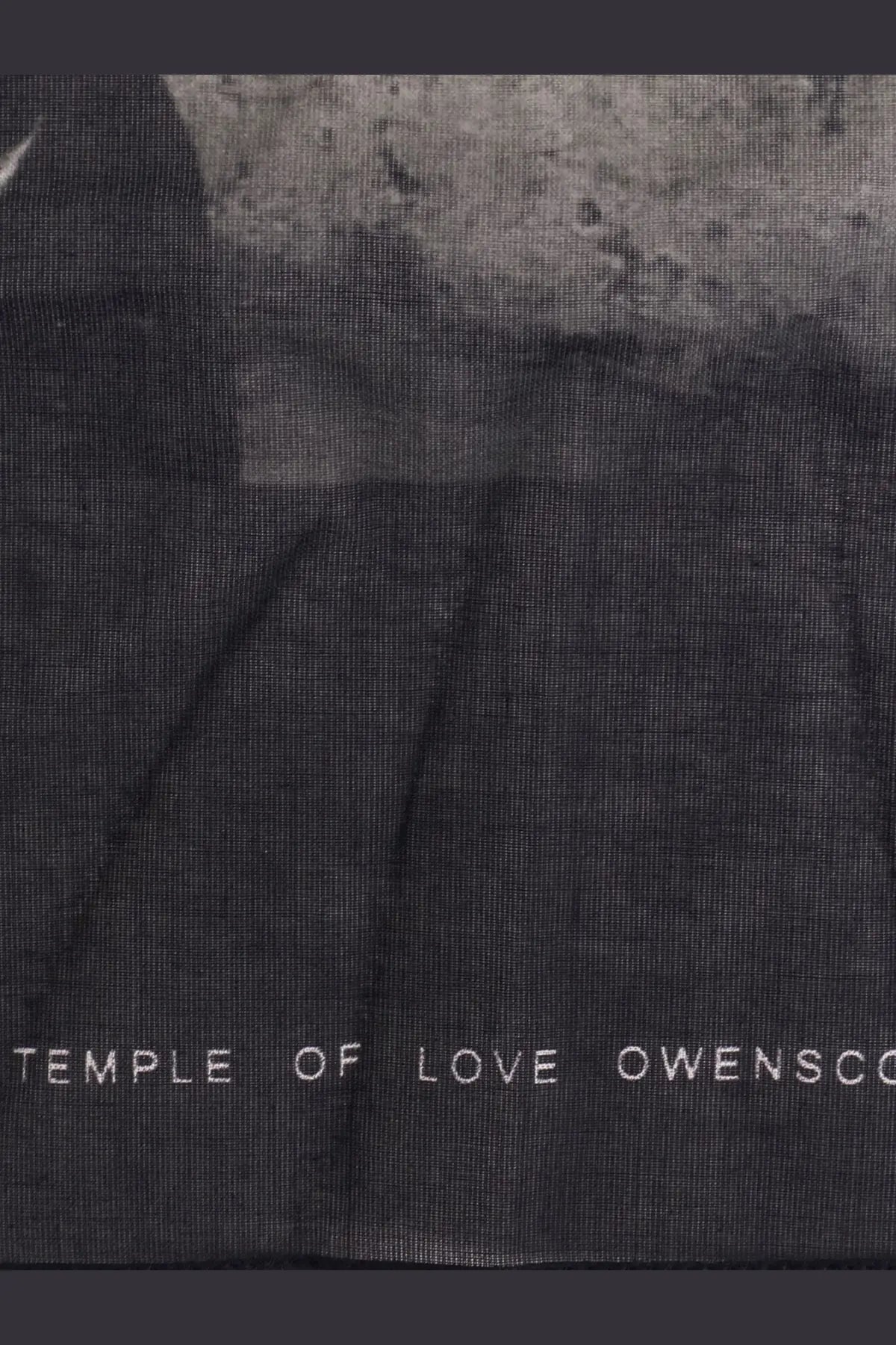 Drkshdw men’s black cotton foulard with textured fabric and white embroidered temple of love owensco text