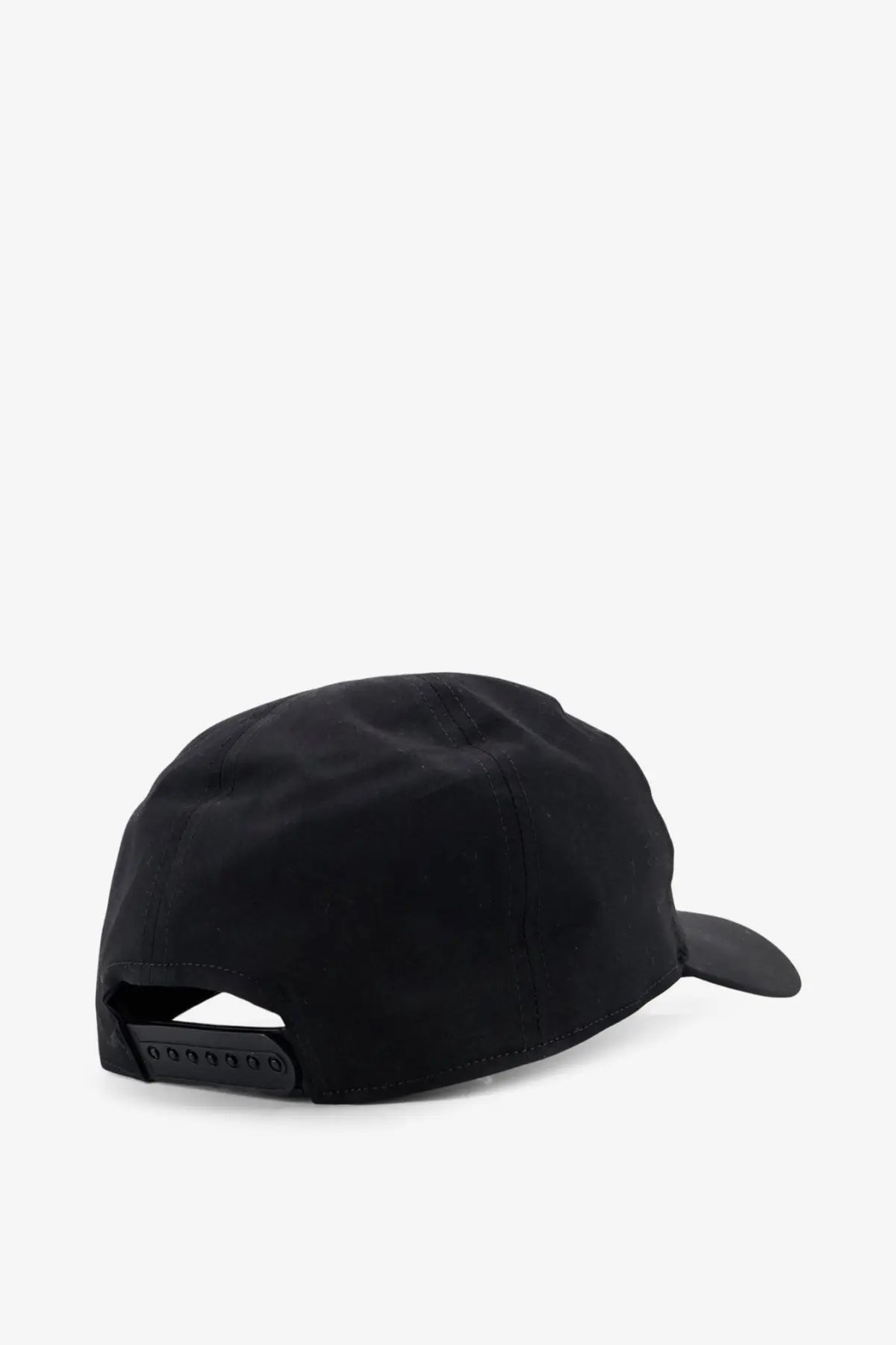 Drkshdw men’s black cotton baseball cap with structured crown and adjustable strap shown from the back side